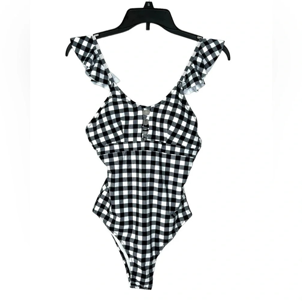 Cupshe Gingham Ruffled Gingham Plaid One Piece Swimsuit Sz S Black White Beach